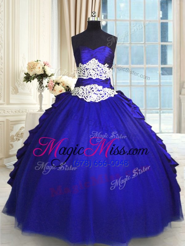 wholesale beading and lace and appliques and ruching and pick ups quince ball gowns royal blue lace up sleeveless floor length