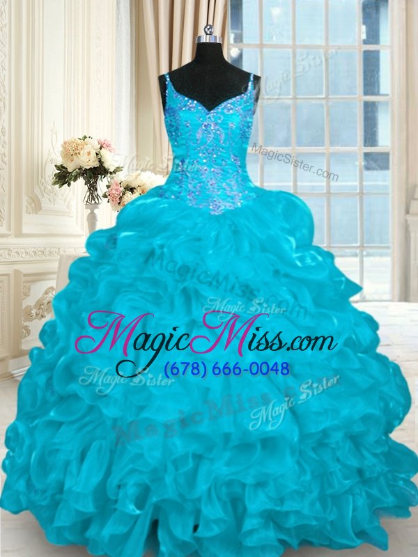 wholesale free and easy aqua blue sweet 16 dresses spaghetti straps sleeveless brush train lace up