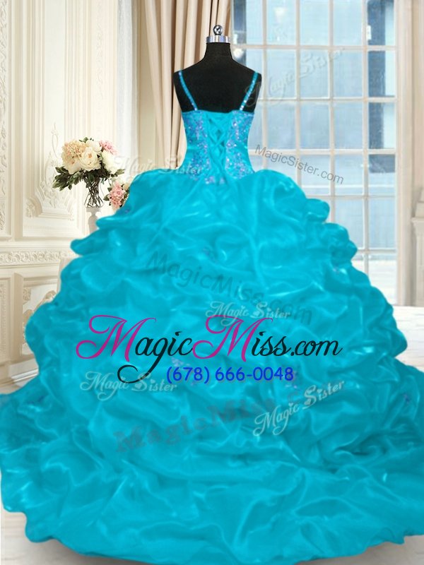 wholesale free and easy aqua blue sweet 16 dresses spaghetti straps sleeveless brush train lace up