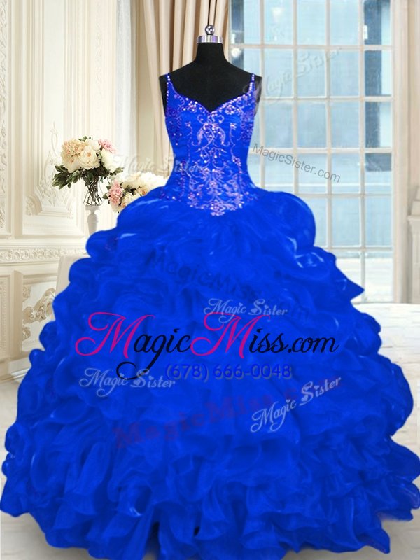 wholesale simple royal blue 15th birthday dress military ball and sweet 16 and quinceanera and for with beading and embroidery and ruffles and pick ups spaghetti straps sleeveless brush train lace up