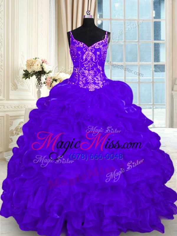 wholesale custom fit purple lace up sweet 16 quinceanera dress beading and embroidery and ruffles and pick ups sleeveless brush train