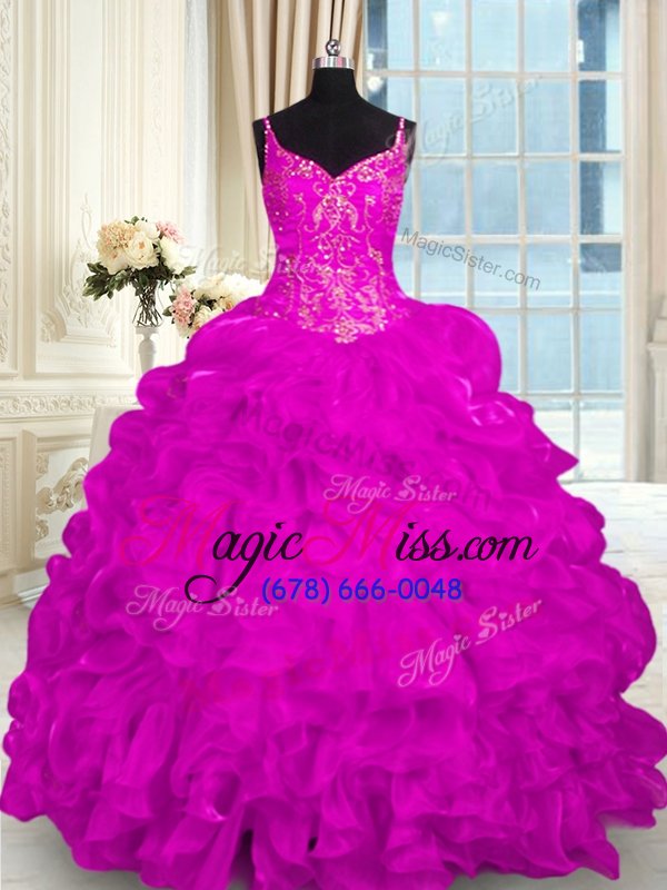 wholesale flirting fuchsia sleeveless organza brush train lace up quince ball gowns for military ball and sweet 16 and quinceanera