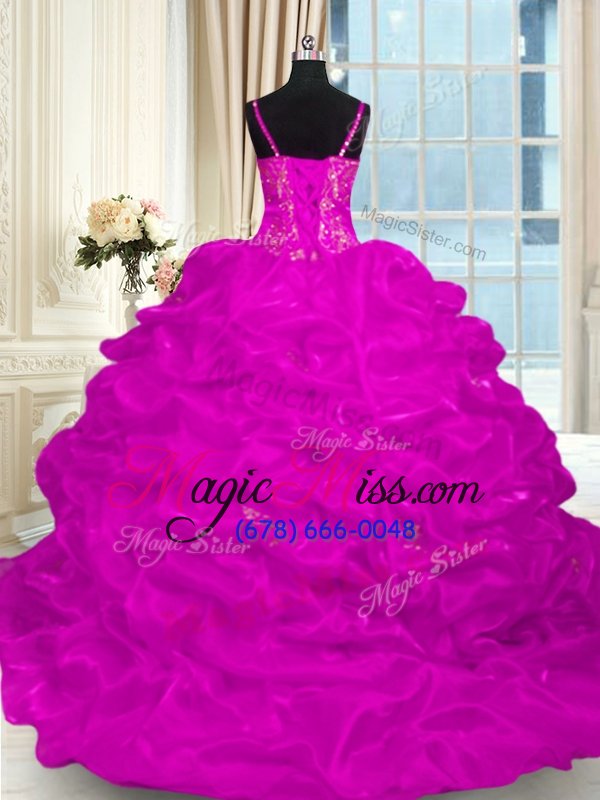 wholesale flirting fuchsia sleeveless organza brush train lace up quince ball gowns for military ball and sweet 16 and quinceanera