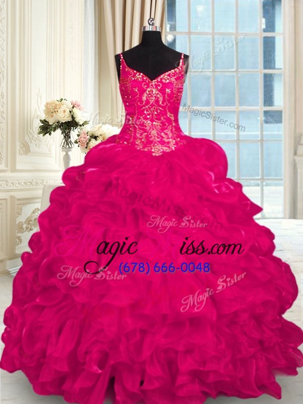 wholesale clearance hot pink sweet 16 dresses military ball and sweet 16 and quinceanera and for with beading and embroidery and ruffles spaghetti straps sleeveless brush train lace up