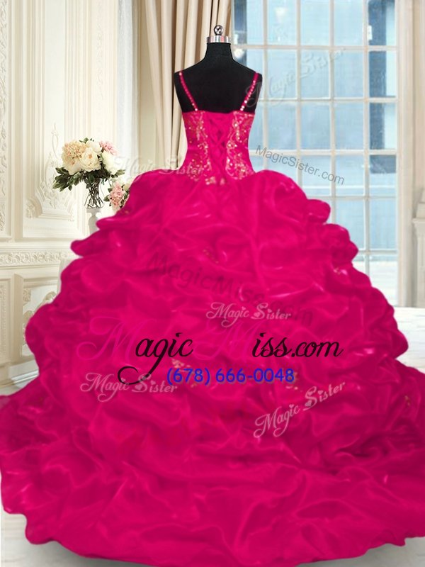 wholesale clearance hot pink sweet 16 dresses military ball and sweet 16 and quinceanera and for with beading and embroidery and ruffles spaghetti straps sleeveless brush train lace up