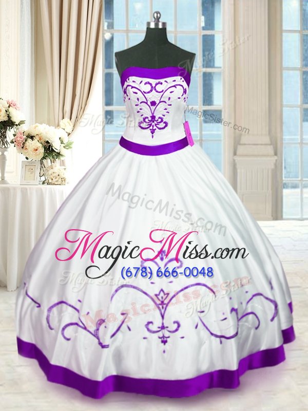 wholesale deluxe white ball gowns satin strapless sleeveless beading and embroidery floor length lace up quince ball gowns