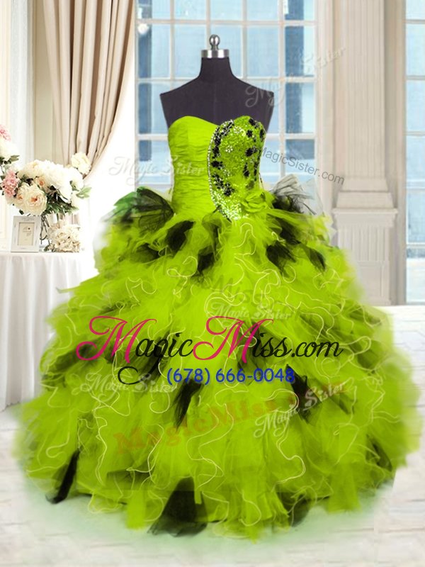 wholesale deluxe yellow green ball gowns strapless sleeveless tulle floor length lace up beading and ruffles sweet 16 dresses