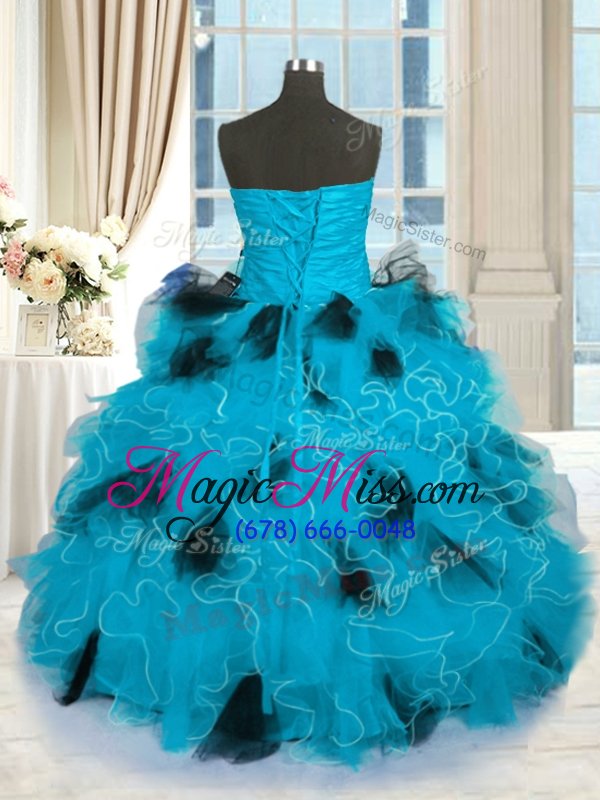 wholesale pretty blue and black tulle lace up quinceanera dress sleeveless floor length beading and ruffles