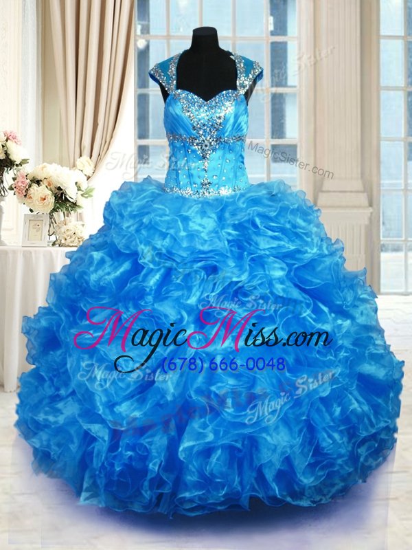 wholesale suitable baby blue lace up straps beading and ruffles sweet 16 quinceanera dress organza cap sleeves