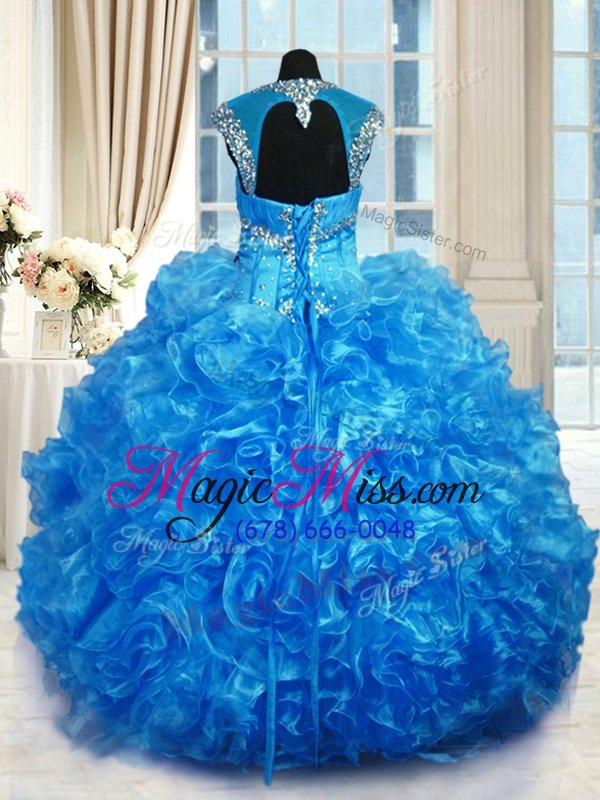 wholesale suitable baby blue lace up straps beading and ruffles sweet 16 quinceanera dress organza cap sleeves
