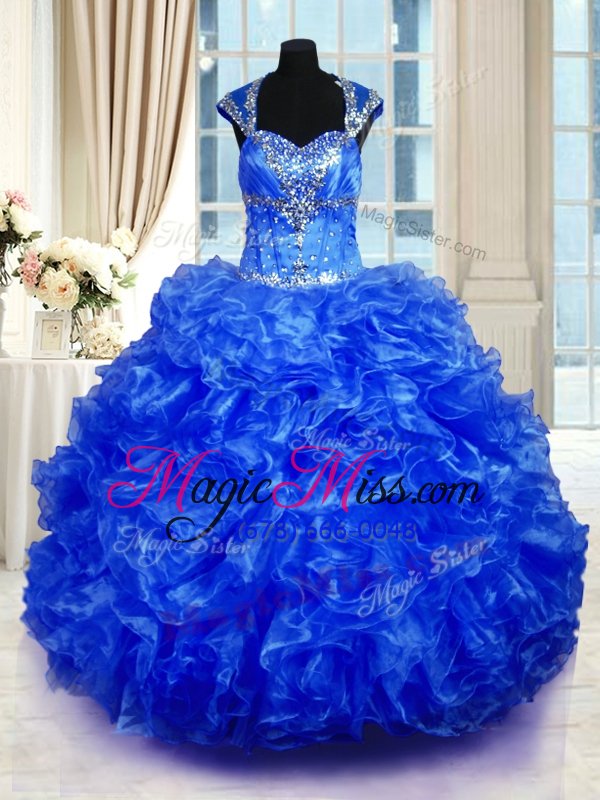 wholesale modest royal blue ball gowns beading and ruffles quince ball gowns lace up organza cap sleeves floor length
