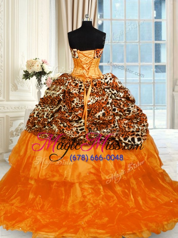 wholesale noble ruffled orange sleeveless organza and printed sweep train lace up quinceanera gowns for military ball and sweet 16 and quinceanera