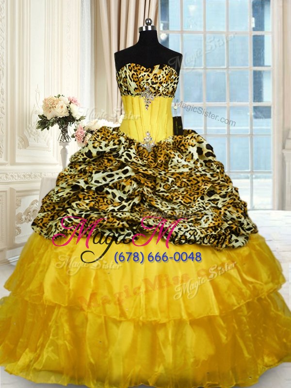 wholesale exceptional gold ball gowns sweetheart sleeveless organza and printed sweep train lace up beading and ruffled layers ball gown prom dress