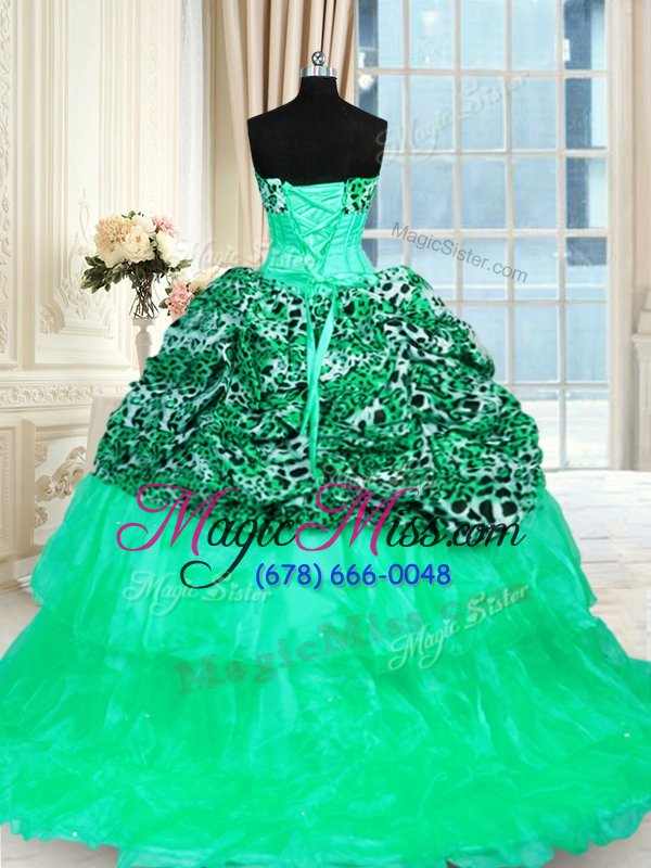 wholesale low price printed beading and ruffled layers 15 quinceanera dress turquoise lace up sleeveless sweep train