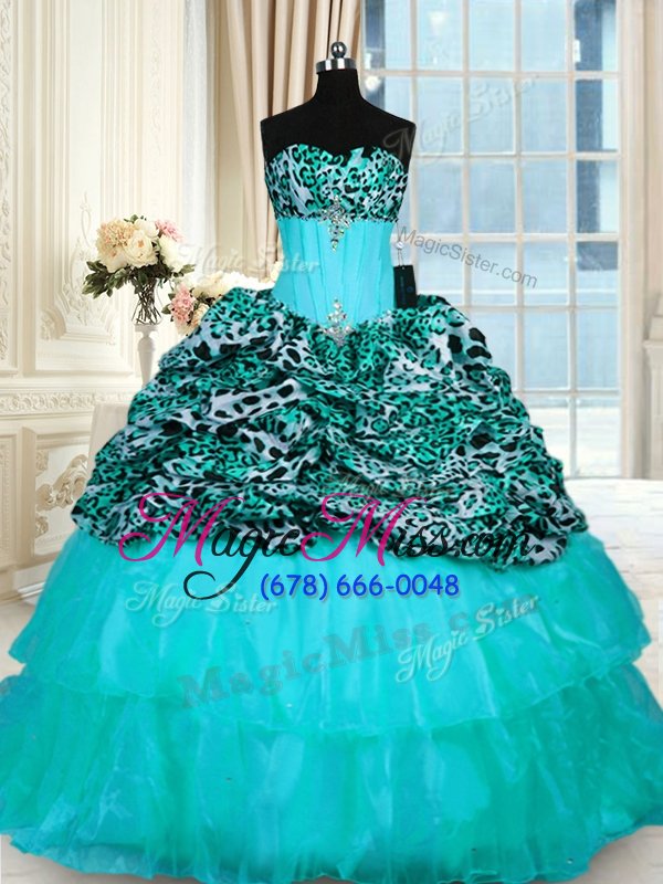 wholesale super sleeveless organza and printed sweep train lace up sweet 16 dress in aqua blue for with beading and ruffled layers