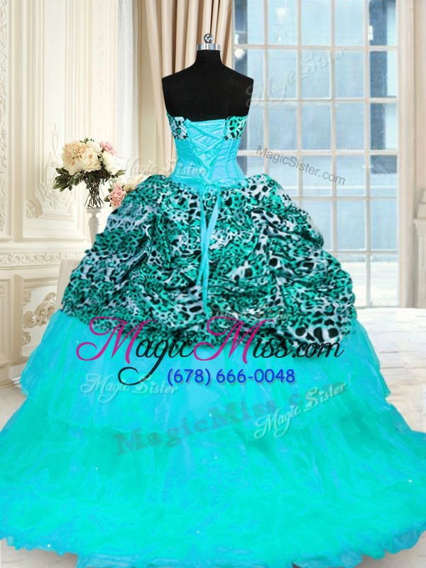 wholesale super sleeveless organza and printed sweep train lace up sweet 16 dress in aqua blue for with beading and ruffled layers