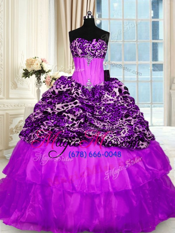 wholesale stylish organza and printed strapless sleeveless sweep train lace up beading and ruffled layers quinceanera gowns in purple