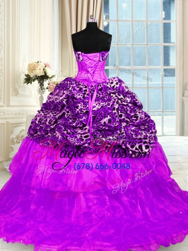 wholesale stylish organza and printed strapless sleeveless sweep train lace up beading and ruffled layers quinceanera gowns in purple