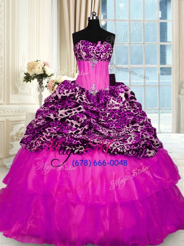 wholesale dramatic printed fuchsia sleeveless sweep train beading and ruffled layers and sequins quinceanera dress