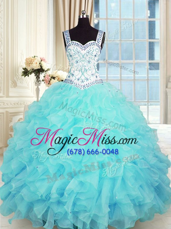 wholesale charming aqua blue lace up 15 quinceanera dress beading and appliques and ruffles sleeveless floor length