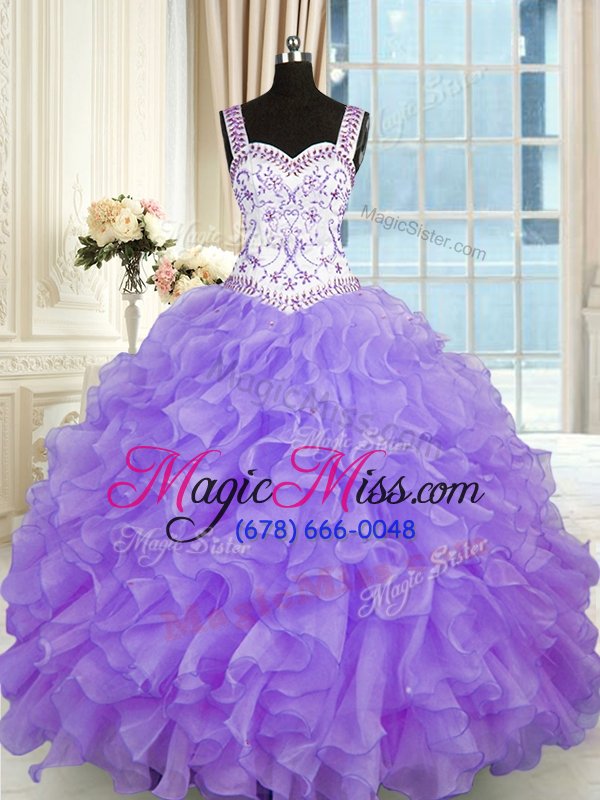wholesale fancy organza sweetheart sleeveless lace up beading and appliques and ruffles quince ball gowns in lavender