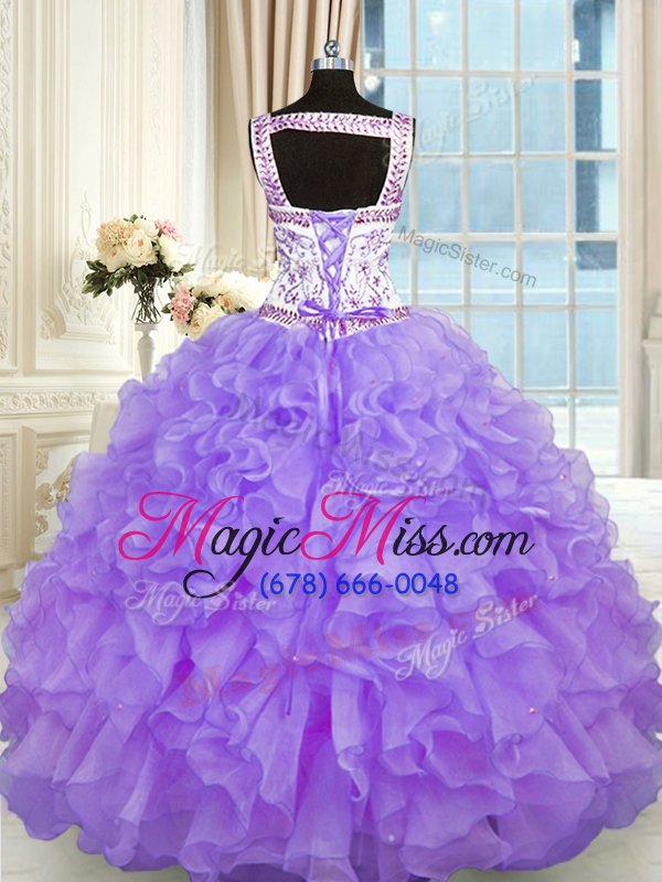 wholesale fancy organza sweetheart sleeveless lace up beading and appliques and ruffles quince ball gowns in lavender