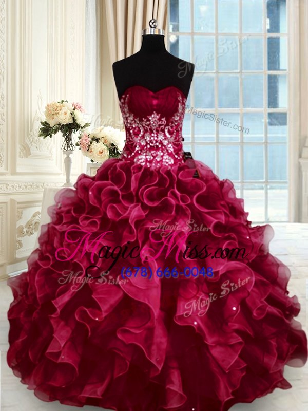 wholesale graceful wine red lace up quinceanera dresses beading and appliques and ruffles sleeveless floor length
