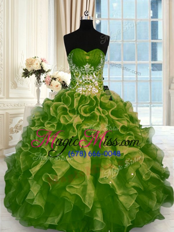 wholesale flare olive green lace up quince ball gowns beading and ruffles sleeveless floor length