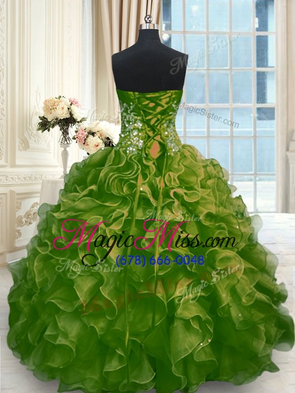 wholesale flare olive green lace up quince ball gowns beading and ruffles sleeveless floor length