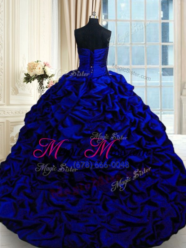 wholesale royal blue ball gowns taffeta sweetheart sleeveless beading and appliques and pick ups lace up ball gown prom dress brush train