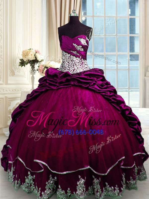 wholesale elegant fuchsia sweetheart neckline beading and appliques and pick ups quinceanera gown sleeveless lace up