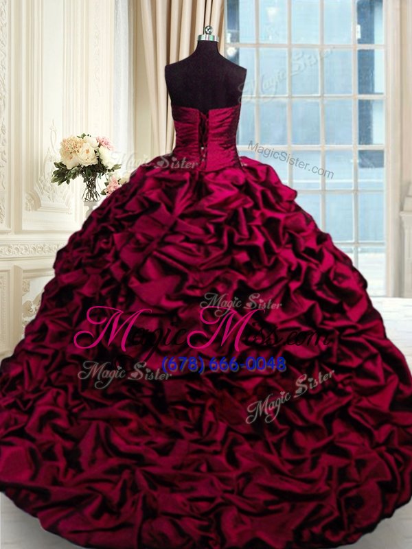 wholesale exquisite taffeta sweetheart sleeveless brush train lace up beading and appliques and pick ups 15th birthday dress in wine red