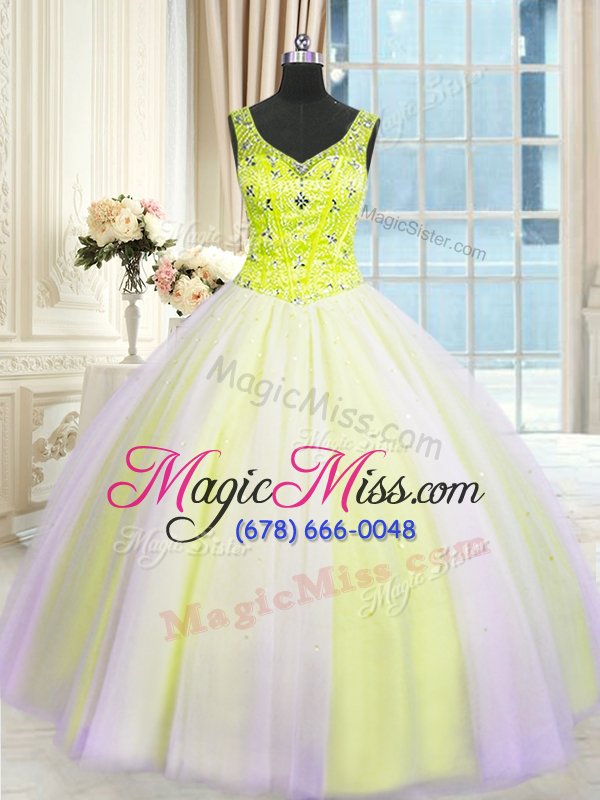 wholesale free and easy multi-color ball gowns tulle v-neck sleeveless beading and sequins floor length lace up vestidos de quinceanera