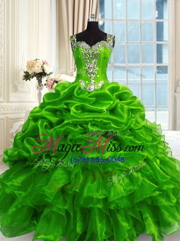 wholesale lovely floor length lace up 15th birthday dress green and in for military ball and sweet 16 and quinceanera with beading and ruffles and pick ups