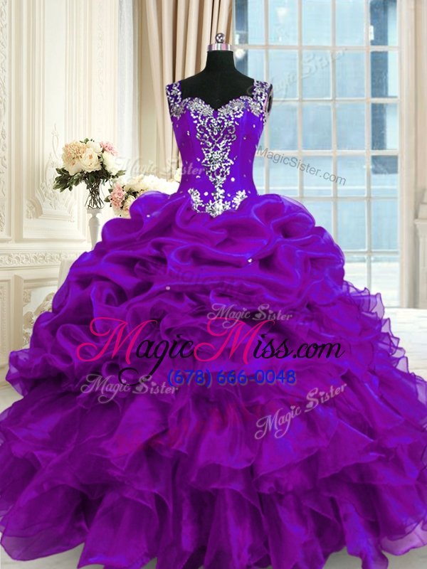 wholesale customized purple ball gowns organza straps sleeveless beading and ruffles and pick ups floor length lace up 15 quinceanera dress