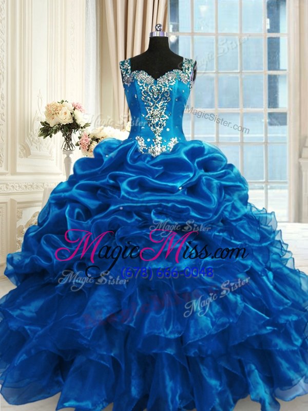 wholesale nice blue organza lace up straps sleeveless floor length sweet 16 dress beading and ruffles