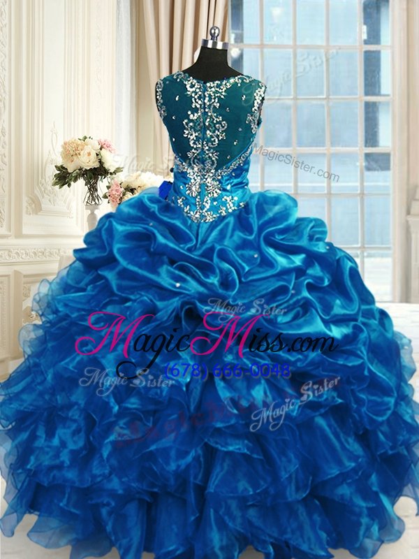 wholesale nice blue organza lace up straps sleeveless floor length sweet 16 dress beading and ruffles