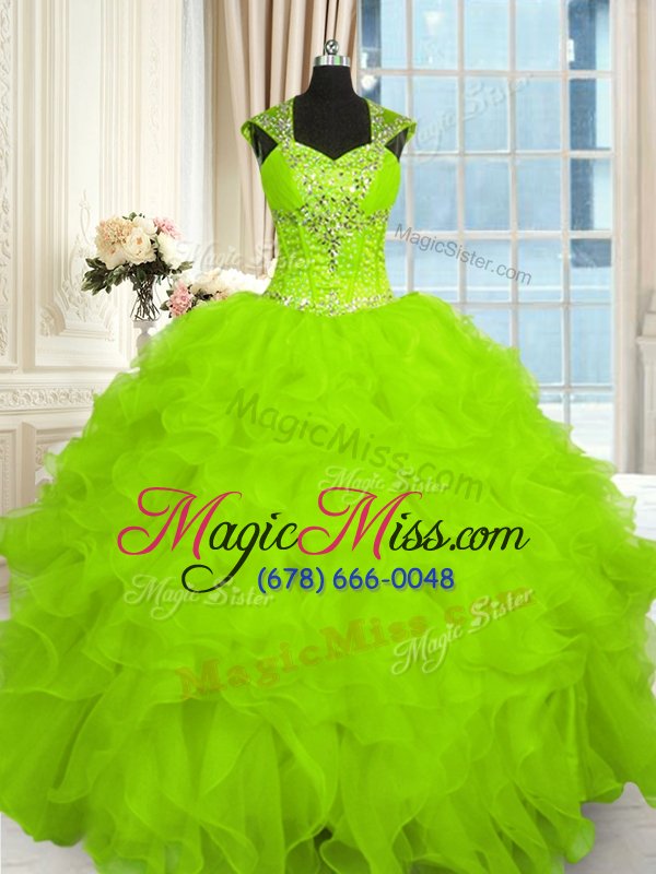 wholesale customized organza straps cap sleeves lace up beading and ruffles vestidos de quinceanera in yellow green