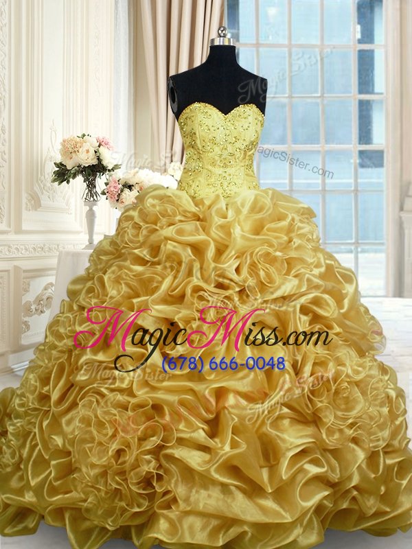 wholesale charming gold sleeveless with train beading and pick ups lace up quinceanera dress