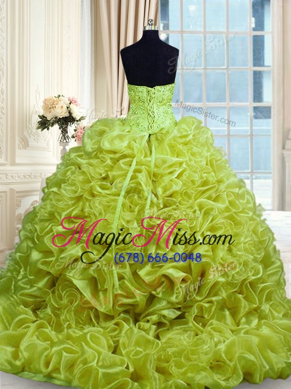 wholesale yellow green ball gowns beading and pick ups quince ball gowns lace up organza sleeveless with train
