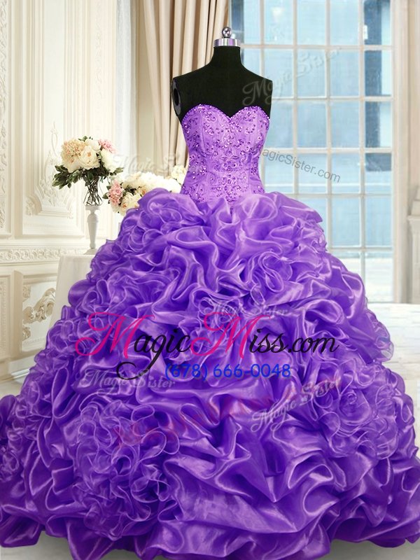 wholesale custom design pick ups sweetheart sleeveless sweep train lace up sweet 16 quinceanera dress lavender organza