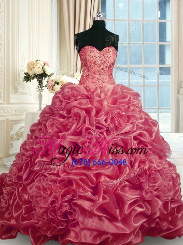 wholesale wonderful sleeveless organza with train lace up quinceanera dress in red for with beading and pick ups