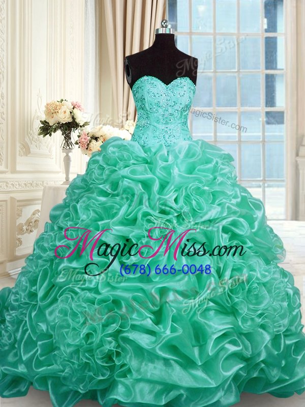 wholesale adorable turquoise organza lace up quince ball gowns sleeveless with train beading and pick ups