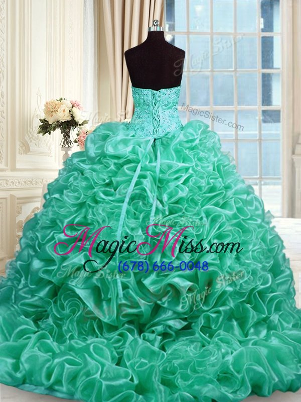 wholesale adorable turquoise organza lace up quince ball gowns sleeveless with train beading and pick ups