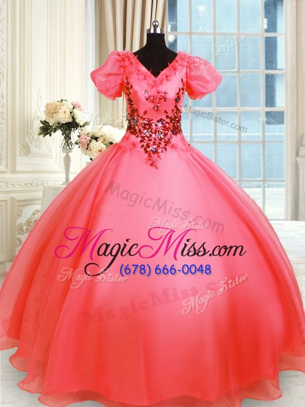 wholesale customized coral red lace up vestidos de quinceanera appliques short sleeves floor length