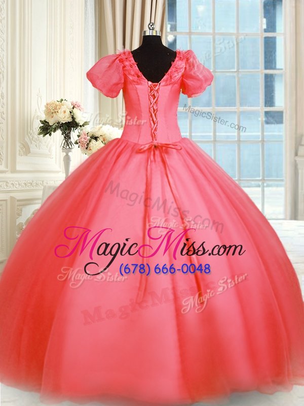 wholesale customized coral red lace up vestidos de quinceanera appliques short sleeves floor length