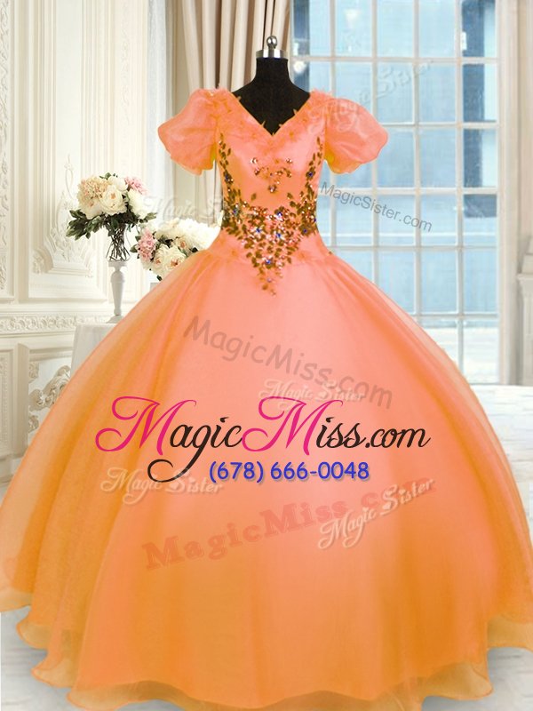 wholesale comfortable ball gowns quince ball gowns orange v-neck organza short sleeves floor length lace up