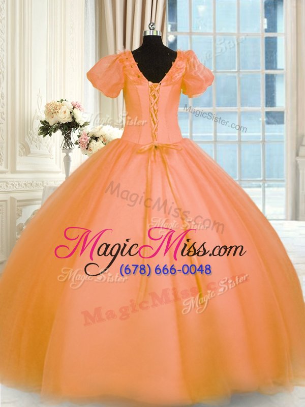 wholesale comfortable ball gowns quince ball gowns orange v-neck organza short sleeves floor length lace up