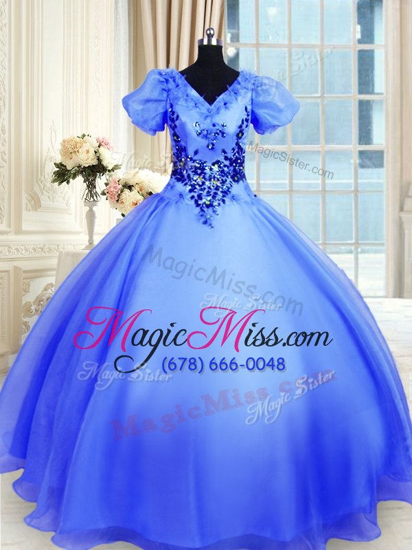 wholesale flare blue short sleeves floor length appliques lace up quinceanera gown