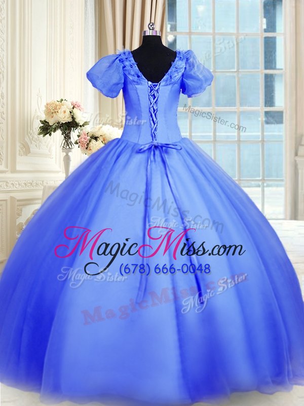 wholesale flare blue short sleeves floor length appliques lace up quinceanera gown